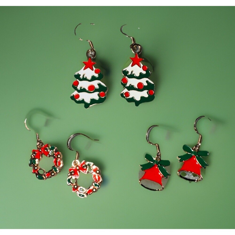 Christmas Earring Lot - 3 Pairs - Tree Wreath Bell